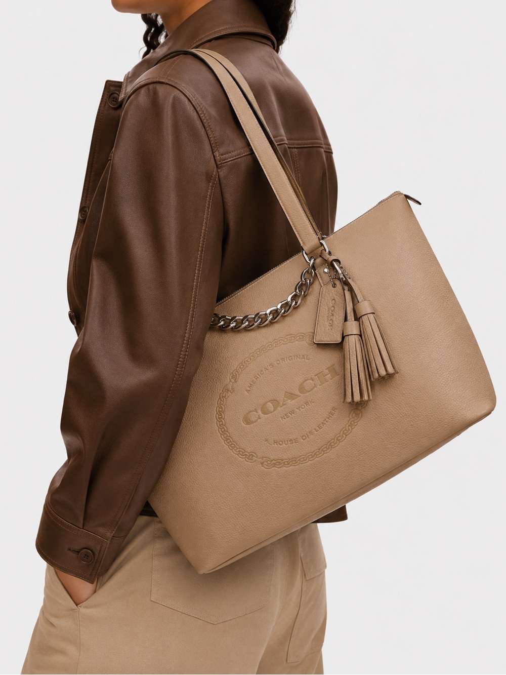 Coach Gallery leather bag  with heritage logo, tassel and chain charm